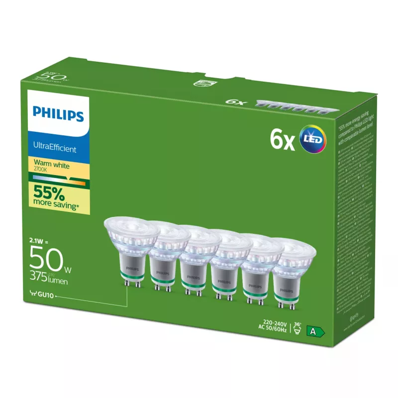 Philips Ultra Efficient LED Lampe GU10, 2,1 W (50 W Äquivalent), 2700 K, 36 Grad, 6er-Pack