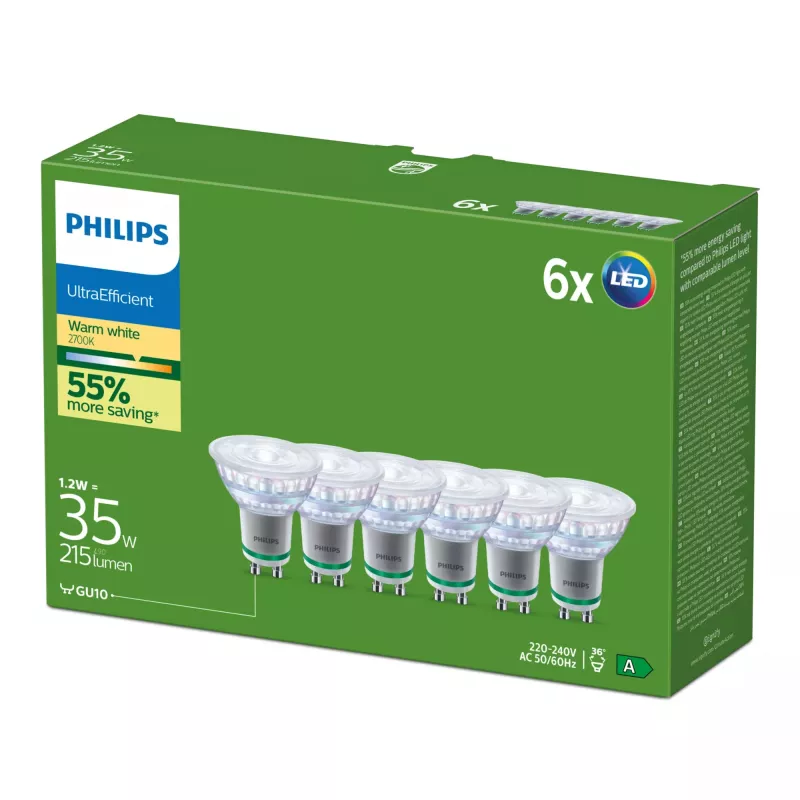 Philips Ultra Efficient LED Lampe GU10, 35 W Äquivalent, 2700 K, 36°, 6er-Pack