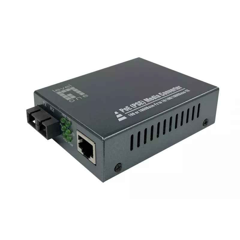 LevelOne RJ45 zu SC Gigabit Medienkonverter, PoE PSE, Singlemode-Faser, 20km