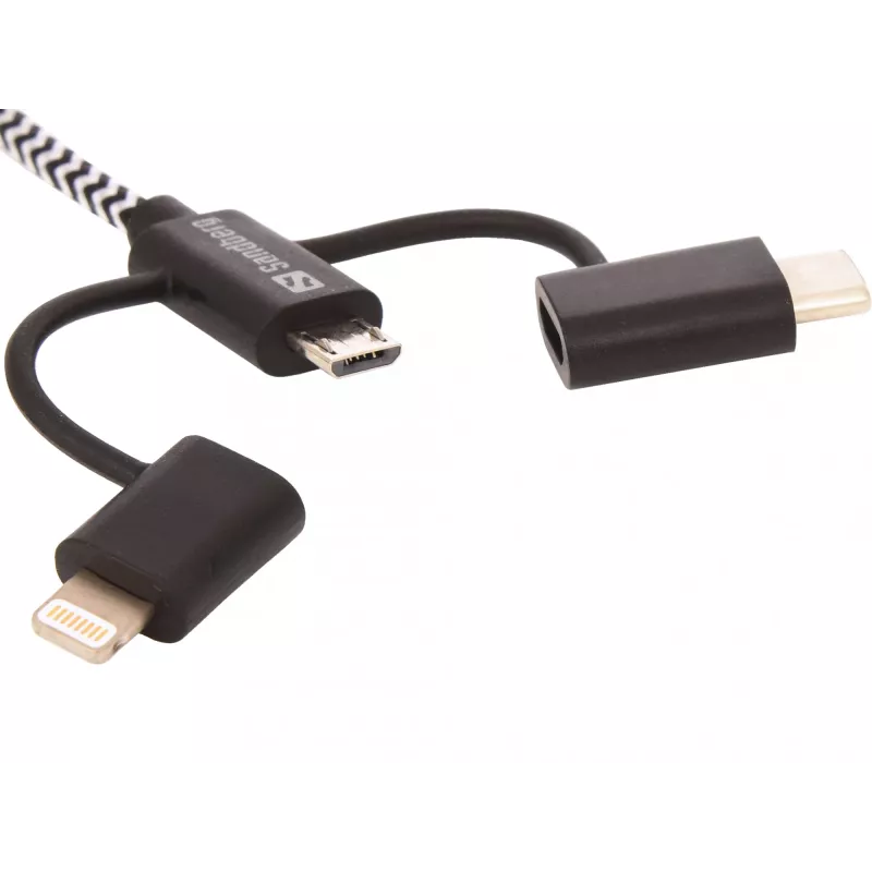 Sandberg 3in1 Lightning+MicroUSB+USB-C 1m, 1 m, Micro-USB A, USB A, Stecker/Stecker, Schwarz, Grau