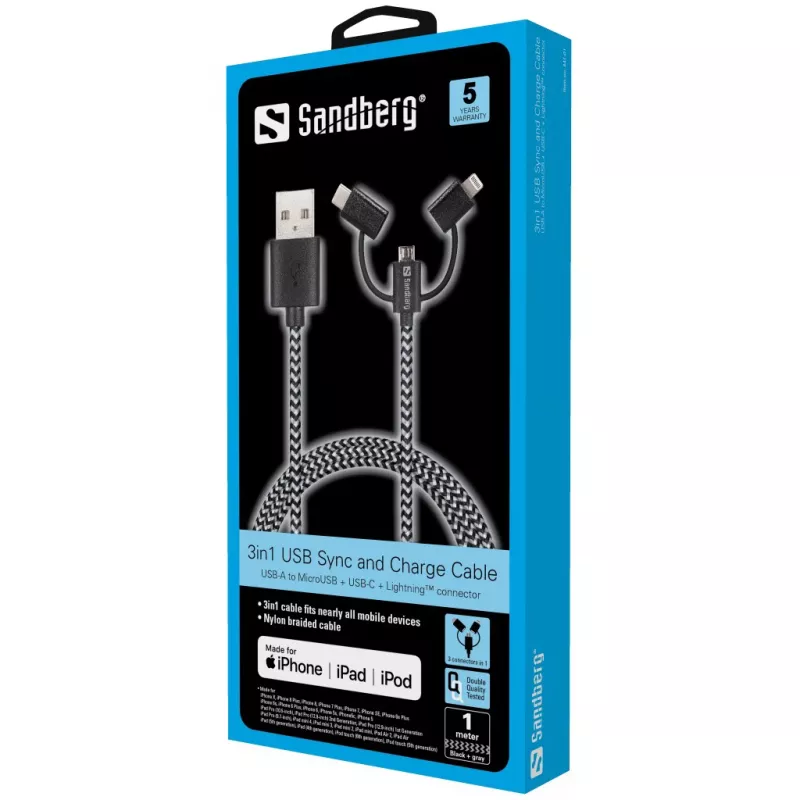 Sandberg 3in1 Lightning+MicroUSB+USB-C 1m, 1 m, Micro-USB A, USB A, Stecker/Stecker, Schwarz, Grau