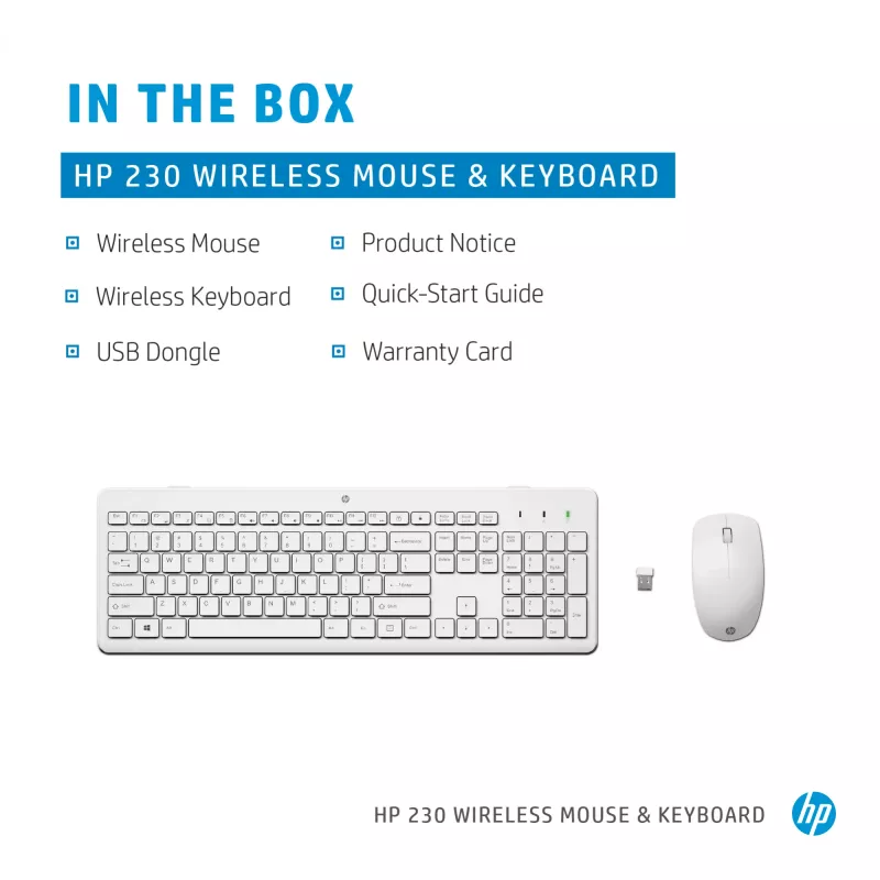 HP 230 Wireless Tastatur and Maus Combo, Full-Size, Membran, Weiß