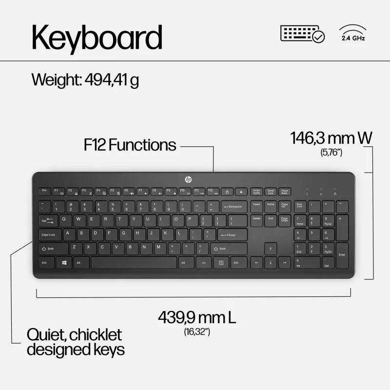 HP 230 Wireless Tastatur and Maus Combo, Full-Size, Membran, Weiß