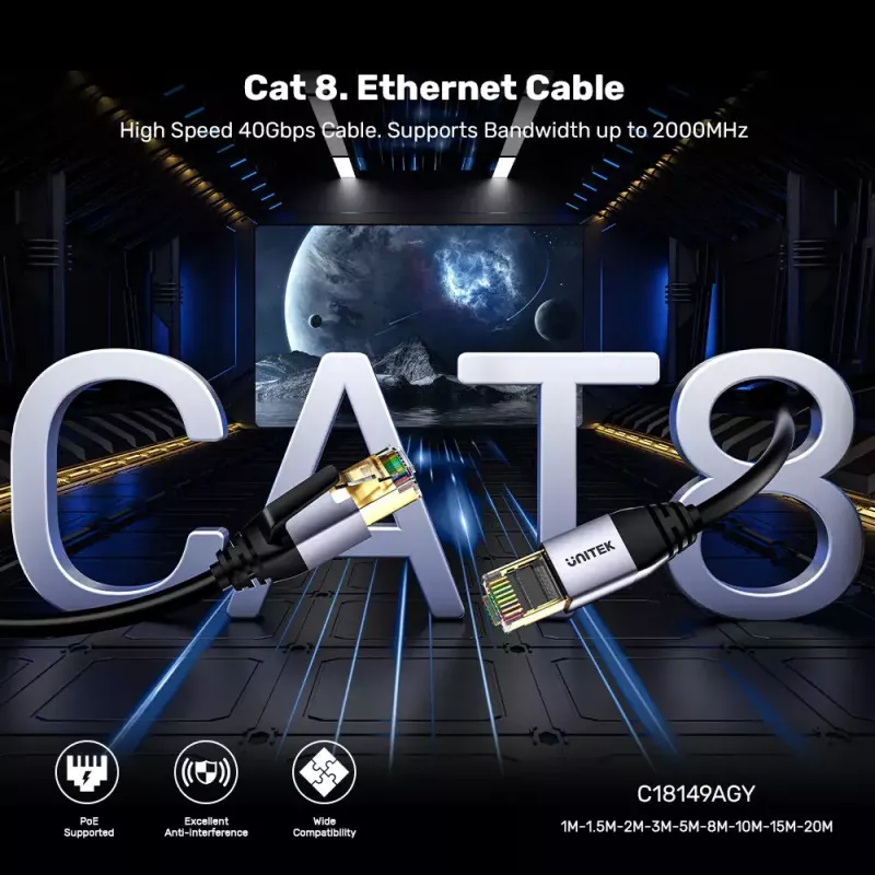 Netzwerkkabel UNITEK C18149AGY03-5M RJ-45 Cat8 5m Schwarz