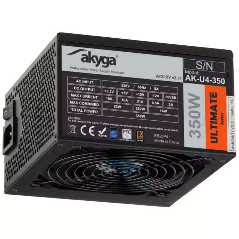 Akyga AK-U4-350 Ultimate 350 W ATX-Netzteil, 80 PLUS Bronze, aktive PFC, 120-mm-Lüfter