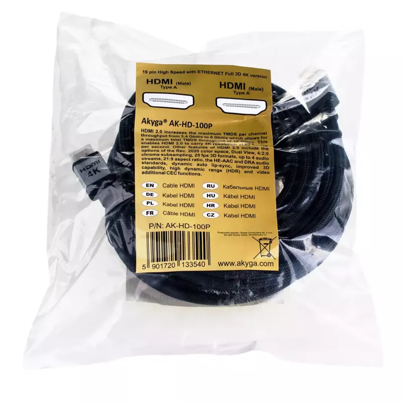 Akyga AK-HD-100P HDMI-2.0-Kabel, umflochten, PRO-Serie, 10 m, schwarz