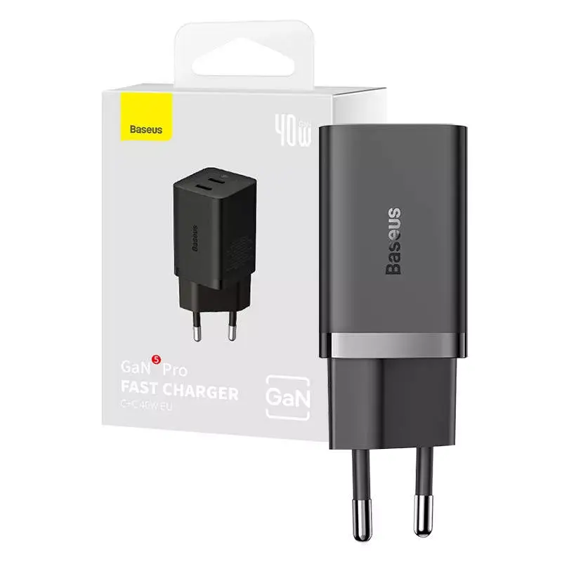 Baseus Wandladegerät GaN5 40 W, 2x USB-C (Schwarz)