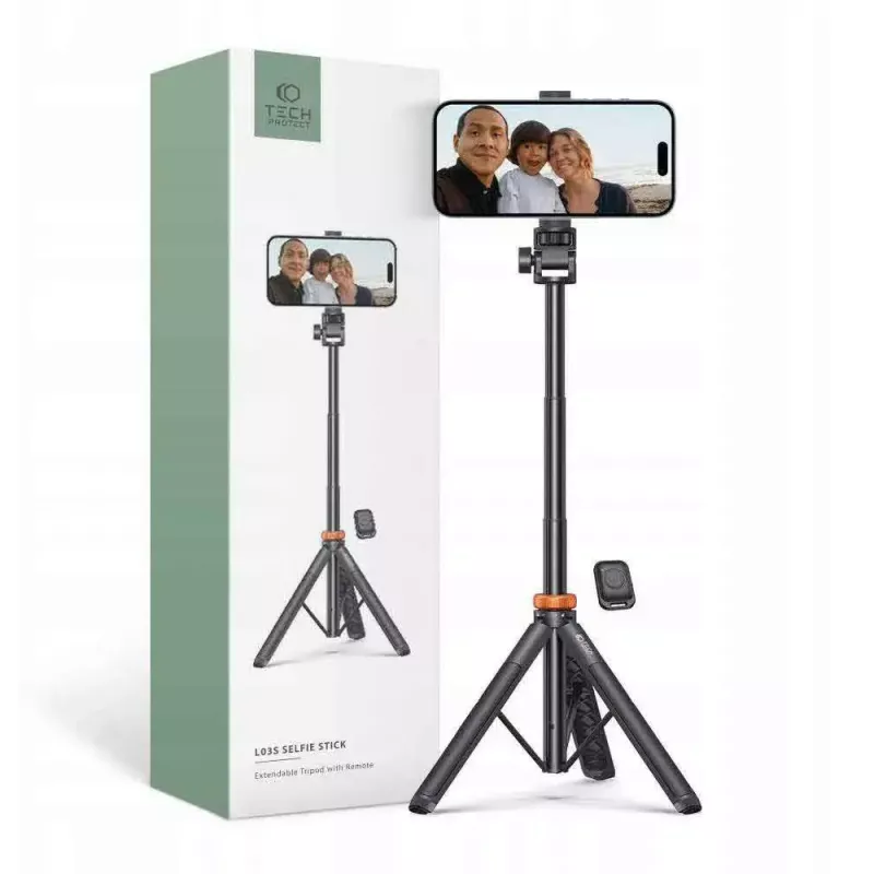 Tech-Protect L03S Selfie-Stick-Stativ mit Bluetooth-Fernbedienung, Schwarz