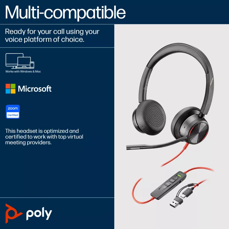 HP Poly Blackwire 8225 Stereo USB-C Headset +USB-C/A Adapter