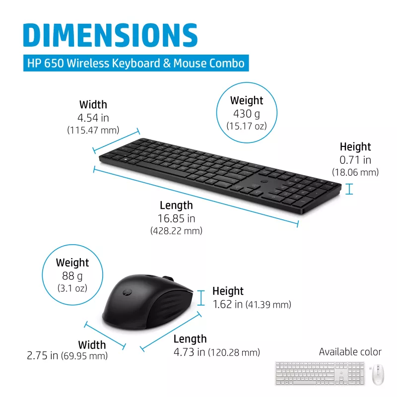 HP 650 Wireless Tastatur-Maus-Set, Full-Size (100%), kabellos, RF Wireless, Membran, Schwarz, Maus inklusive