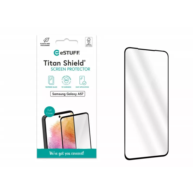eSTUFF Samsung Galaxy A57 Displayschutzfolie. Vollabdeckung aus gehärtetem Glas. Titan Shield 1 Stck.