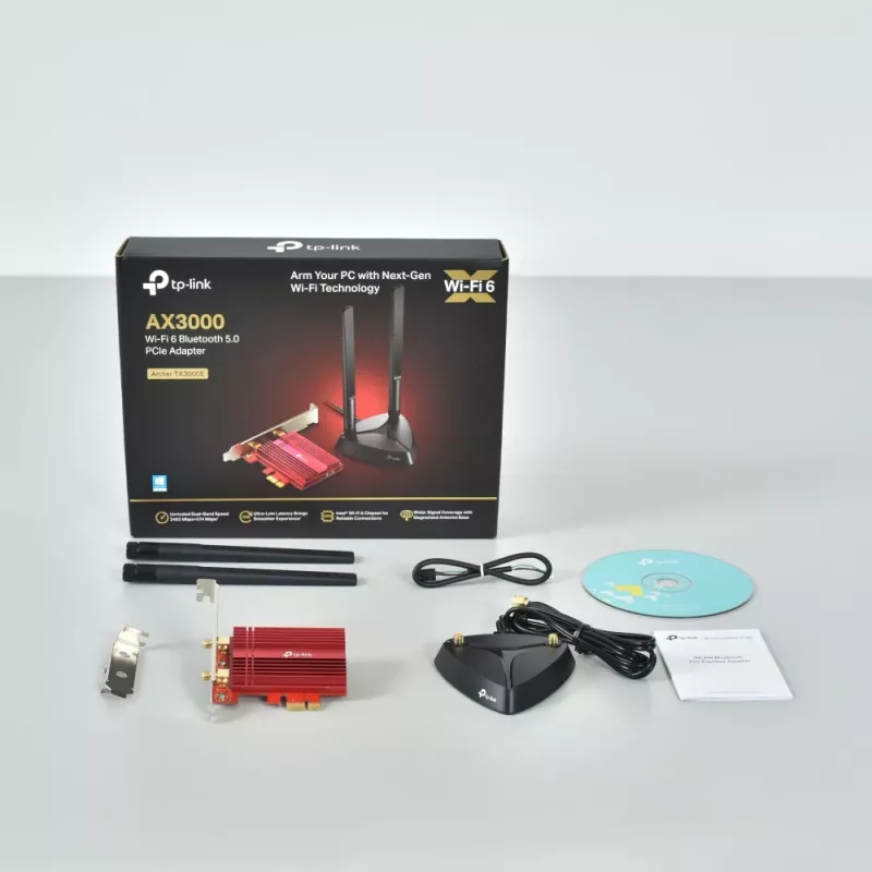 TP-Link AX3000 Wi-Fi 6 Bluetooth 5.0 PCIe Adapter, Intern, Kabellos, PCI Express, WLAN / Bluetooth, 2402 Mbit/s, Schwarz, Rot