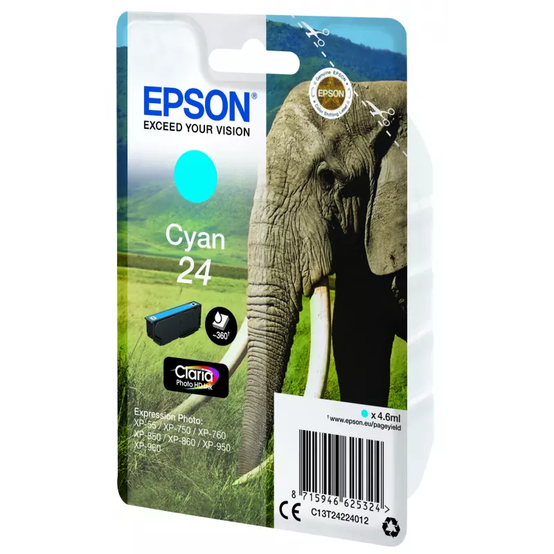 Epson Elephant Einzelpackung Cyan 24 Claria Photo HD Tinte, Cyan, 4,6 ml, 1 Stk., 360 Seiten