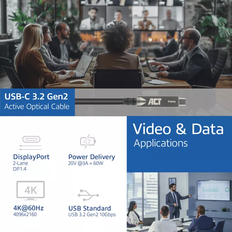 ACT USB-C 3.2 Gen2 Aktives Optisches Kabel (AOC), für Touchpanels, Video, Daten, Strom, 5m