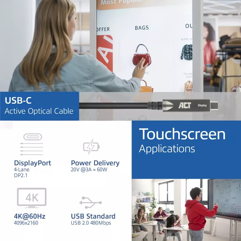 ACT USB-C 3.2 Gen2 Aktives Optisches Kabel (AOC), für Touchpanels, Video, Daten, Strom, 7,5 m