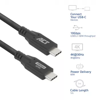 ACT USB 3.0 10Gbps 60W USB Typ-C-Kabel, 1 Meter, 1 m, USB C, USB C, USB 3.2 Gen 2 (3.1 Gen 2), 10 Gbit/s, Schwarz
