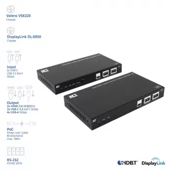 ACT AV Medien-Extender-Set mit dualem USB-C-Switch, CAT6A, 100 Meter