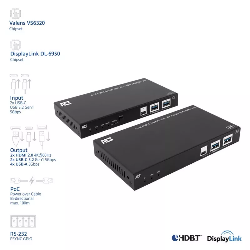 ACT AV Medien-Extender-Set mit dualem USB-C-Switch, CAT6A, 100 Meter