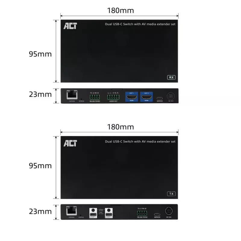 ACT AV Medien-Extender-Set mit dualem USB-C-Switch, CAT6A, 100 Meter