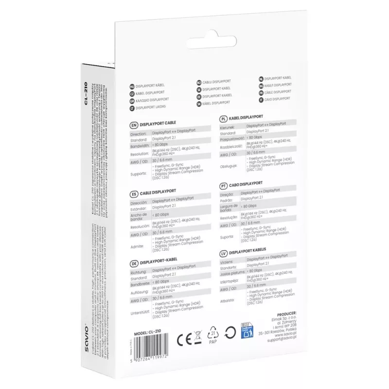 SAVIO CL-210 DisplayPort 2.1 Kabel 2m Schwarz