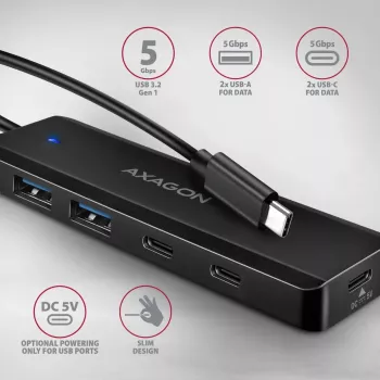AXAGON HUE-C2C USB-C 5 Gbps Reise-Hub, 2x USB-A + 2x USB-C, USB-C Power IN, 19 cm Kabel