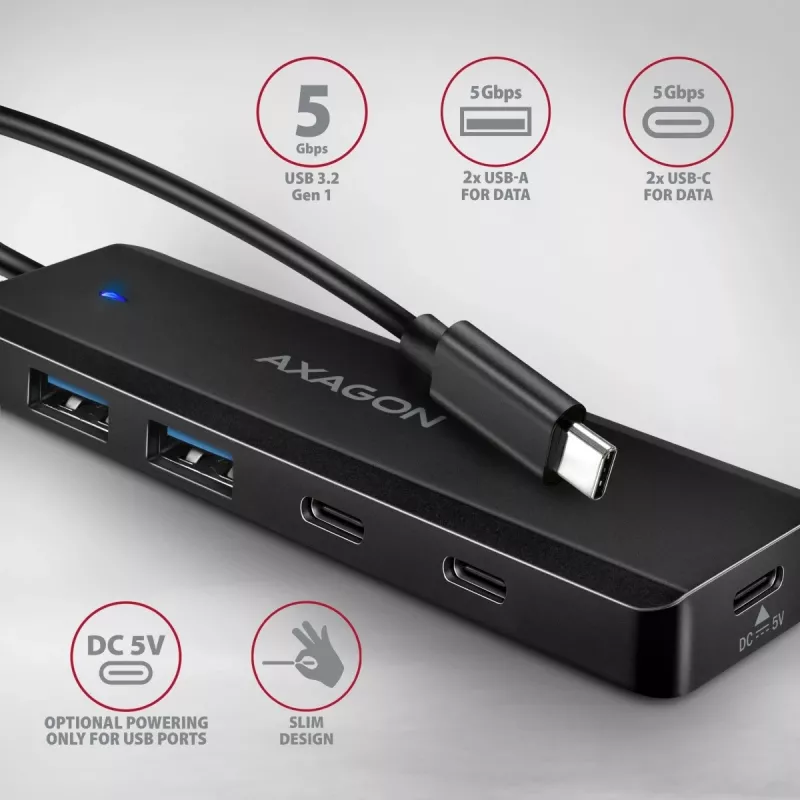 AXAGON HUE-C2C USB-C 5 Gbps Reise-Hub, 2x USB-A + 2x USB-C, USB-C Power IN, 19 cm Kabel