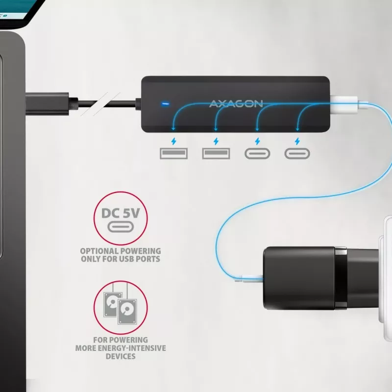 AXAGON HUE-C2C USB-C 5 Gbps Reise-Hub, 2x USB-A + 2x USB-C, USB-C Power IN, 19 cm Kabel