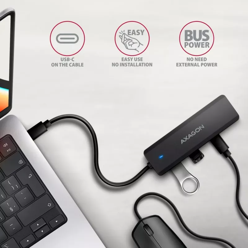 AXAGON HUE-C2C USB-C 5 Gbps Reise-Hub, 2x USB-A + 2x USB-C, USB-C Power IN, 19 cm Kabel