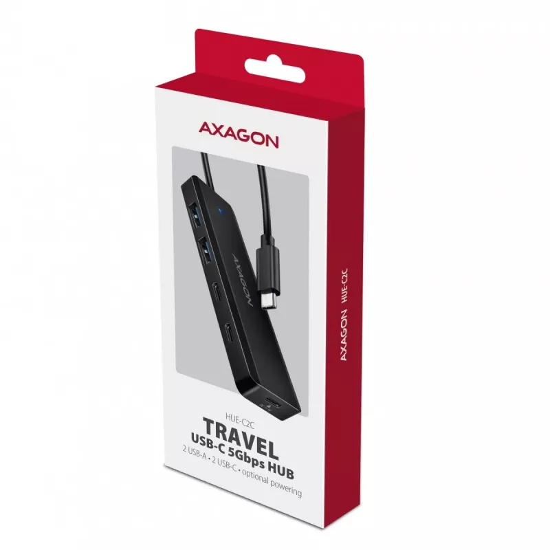 AXAGON HUE-C2C USB-C 5 Gbps Reise-Hub, 2x USB-A + 2x USB-C, USB-C Power IN, 19 cm Kabel