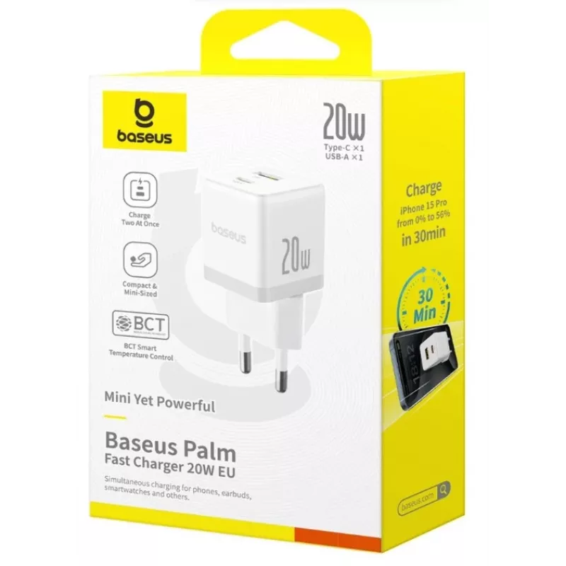 Baseus Palm 20W USB-C + USB-A Wandladegerät, Weiß