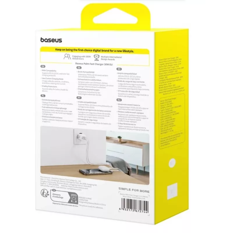 Baseus Palm 20W USB-C + USB-A Wandladegerät, Weiß