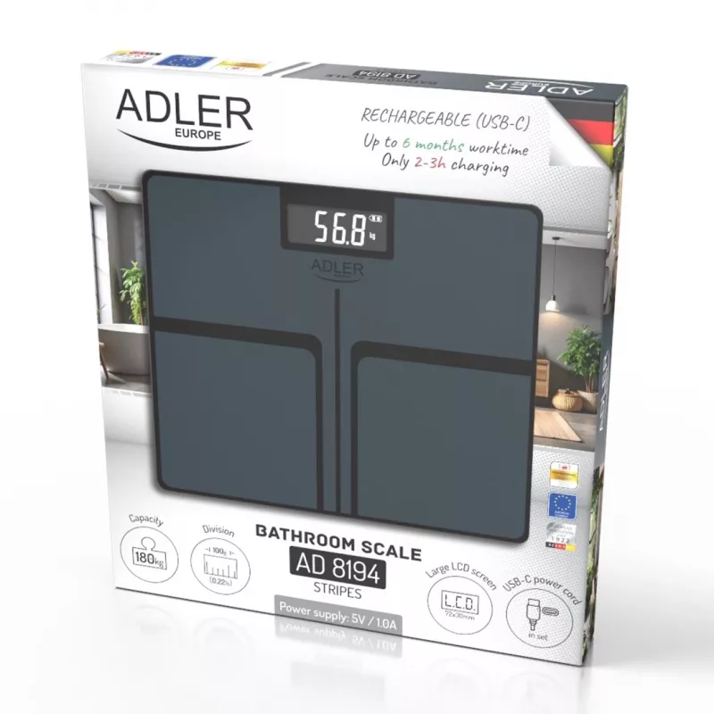 Adler AD 8194s Digitale Personenwaage, Weiß, Streifenmuster, 180 kg Kapazität