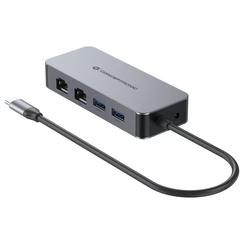 CONCEPTRONIC USB-C auf 2x Gigabit Ethernet + 2x USB-A 3.2 Gen 1 Adapter, 0,3m, Grau