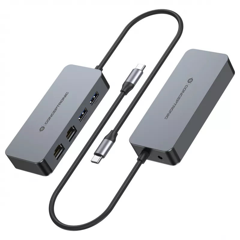 CONCEPTRONIC USB-C auf 2x Gigabit Ethernet + 2x USB-A 3.2 Gen 1 Adapter, 0,3m, Grau