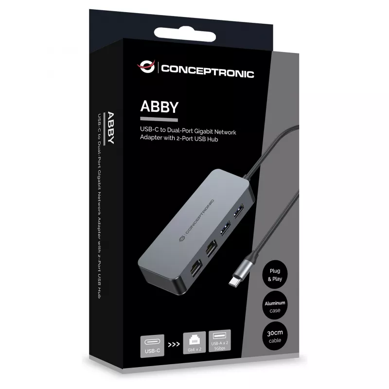 CONCEPTRONIC USB-C auf 2x Gigabit Ethernet + 2x USB-A 3.2 Gen 1 Adapter, 0,3m, Grau
