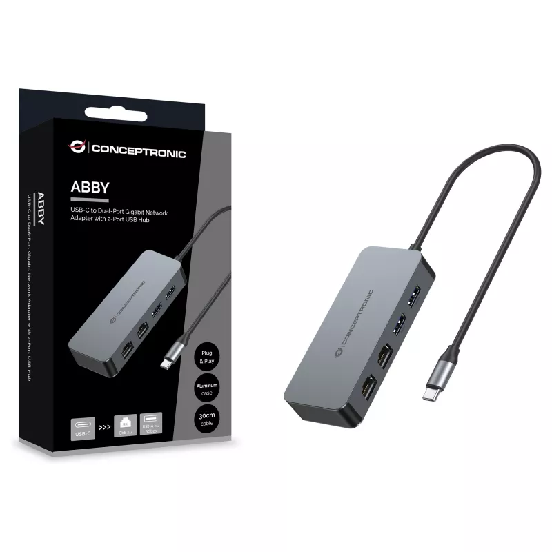 CONCEPTRONIC USB-C auf 2x Gigabit Ethernet + 2x USB-A 3.2 Gen 1 Adapter, 0,3m, Grau