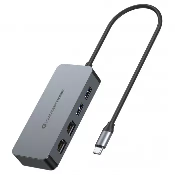 CONCEPTRONIC USB-C auf 2x Gigabit Ethernet + 2x USB-A 3.2 Gen 1 Adapter, 0,3m, Grau