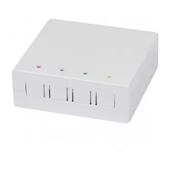 Synergy21 FTTH-Wandgehäuse für 4 SC-Simplex- oder LC-Duplex-Kupplungen, 80x80mm mit Kabelführung, DIN-Schienen-/Wandmontage, Wärmeschrumpf, Weiß