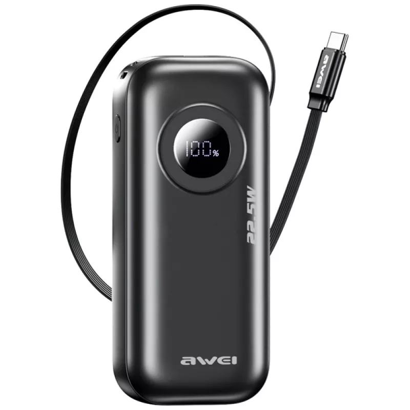 AWEI PowerBank PA-9 10000mAh 22,5W mit einziehbarem Kabel Schwarz