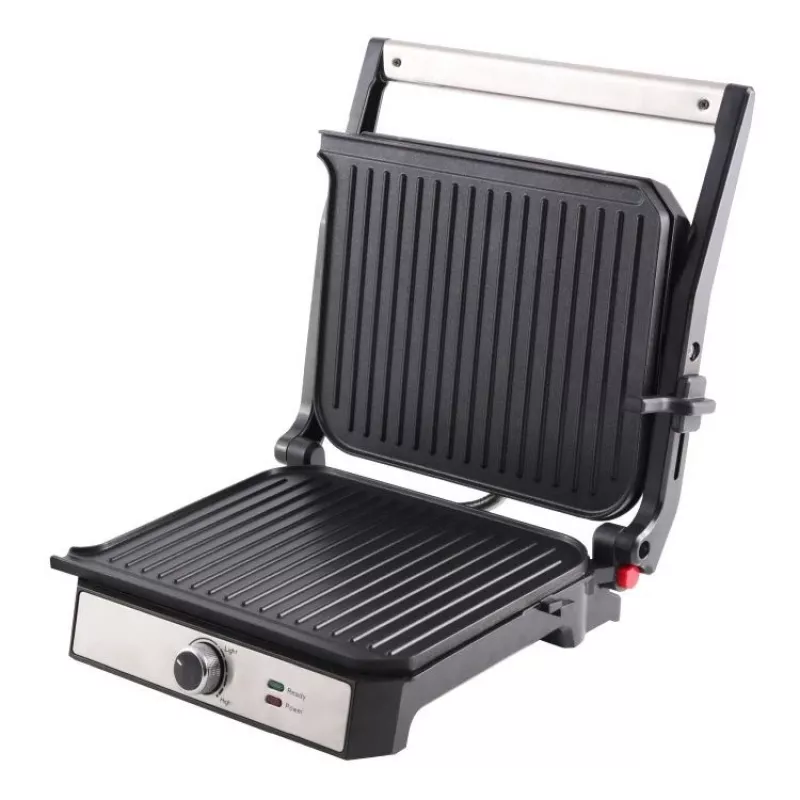 ELDOM GK200 GRILO Kontaktgrill 2000W mit einstellbarem Thermostat, antihaftbeschichtete Platten, Schwarz/Silber