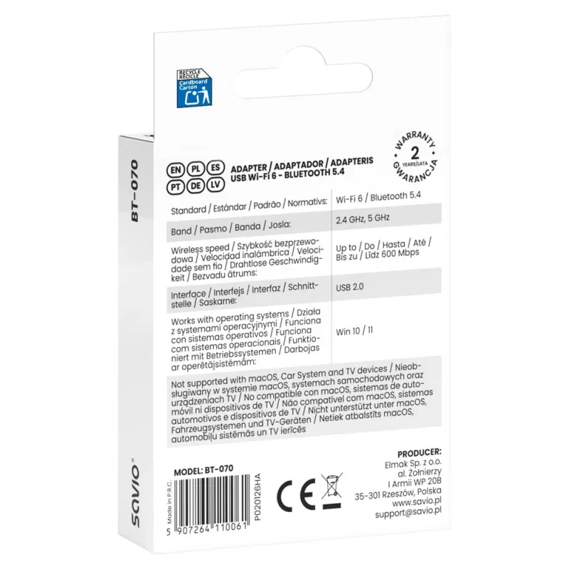 Savio BT-070 USB WLAN 6 und Bluetooth 5.4 Adapter