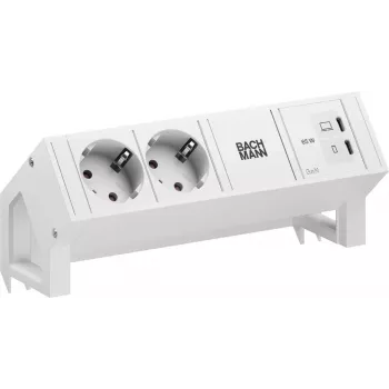 Bachmann DESK2 Pure White Tischsteckdosenmodul mit 2x Schuko-Steckdosen und 65W USB-C PD, 0,2m Kabel, RAL 9010