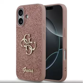 Guess PU Fixed Glitter 4G Metal Logo Hülle für iPhone 17, Pink