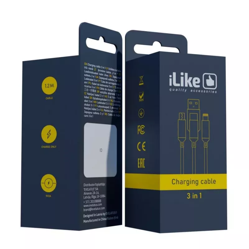 iLike Ladekabel 3 in 1, USB-A auf USB-C/Lightning/Micro USB, Nylon geflochten, 1,2 m, Schwarz