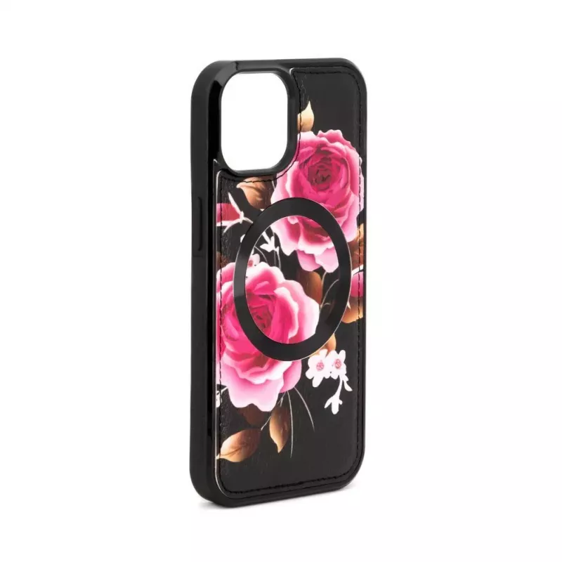 Evelatus Apple iPhone 15 Lederetui Reißverschluss-Design Blume Schwarz