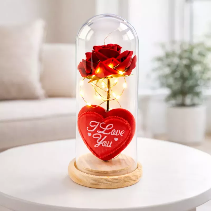 LEAN Eternal Rose in Dome mit LED-Beleuchtung Rot mit Herz 18,5x8 cm