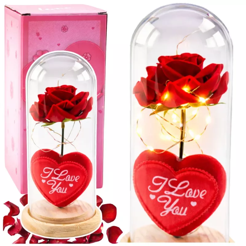 LEAN Eternal Rose in Dome mit LED-Beleuchtung Rot mit Herz 18,5x8 cm