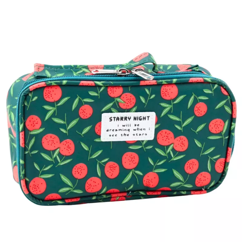 LEAN School Pencil Case Organizer Roomy Additional Pocket Cherries Green 21.5cm