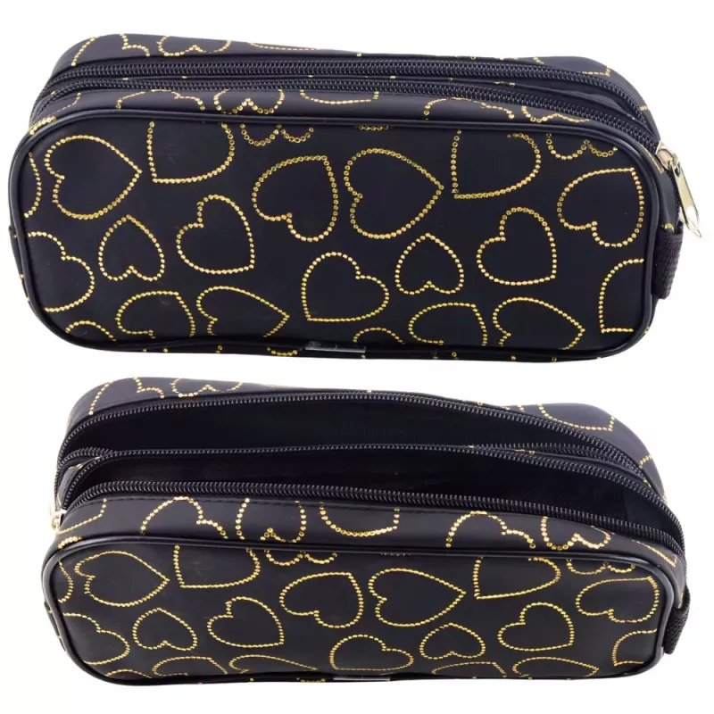 LEAN School Office Pencil Case, Two-Compartment, Golden Hearts, Black, 23.5x10 cm