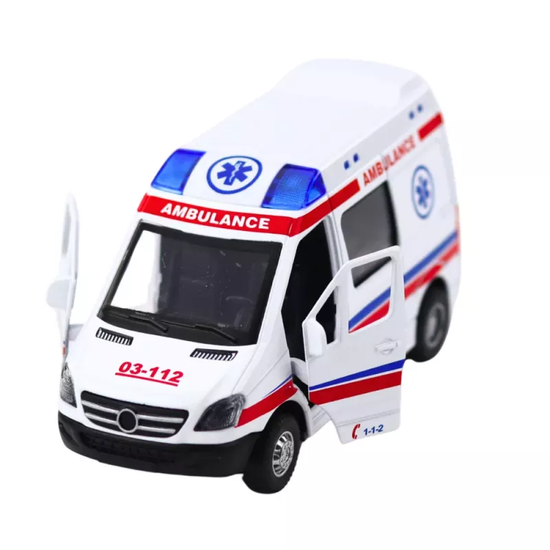LEAN TOYS Ambulance Metal Pull Back Motorized Lights Sounds White 1:32